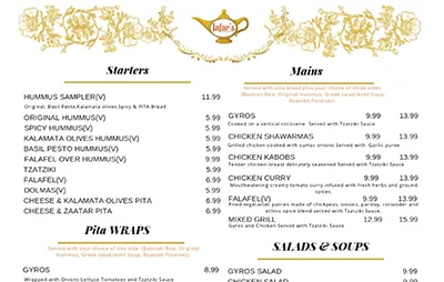 Jafar's Mediterranean Grill authentic menu