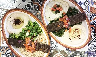 Original hummus with beef kabob, fatoush and tabouli salad