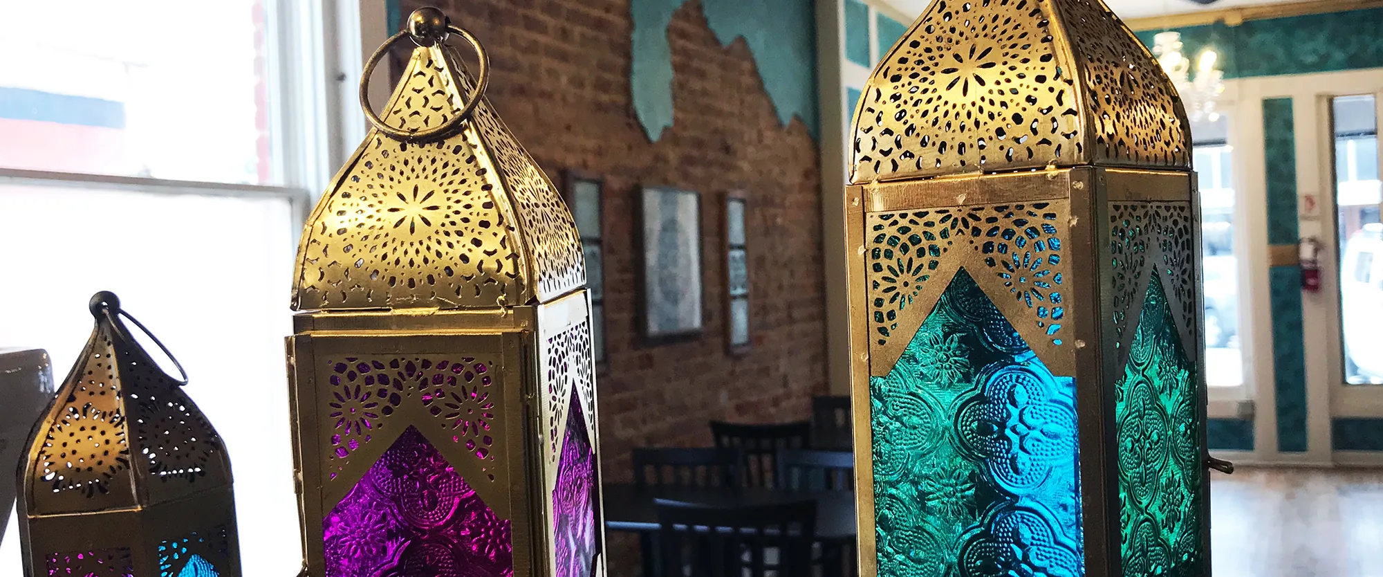 Moroccan lanterns in the dining room at Jafar's in downtown Van Alstyne